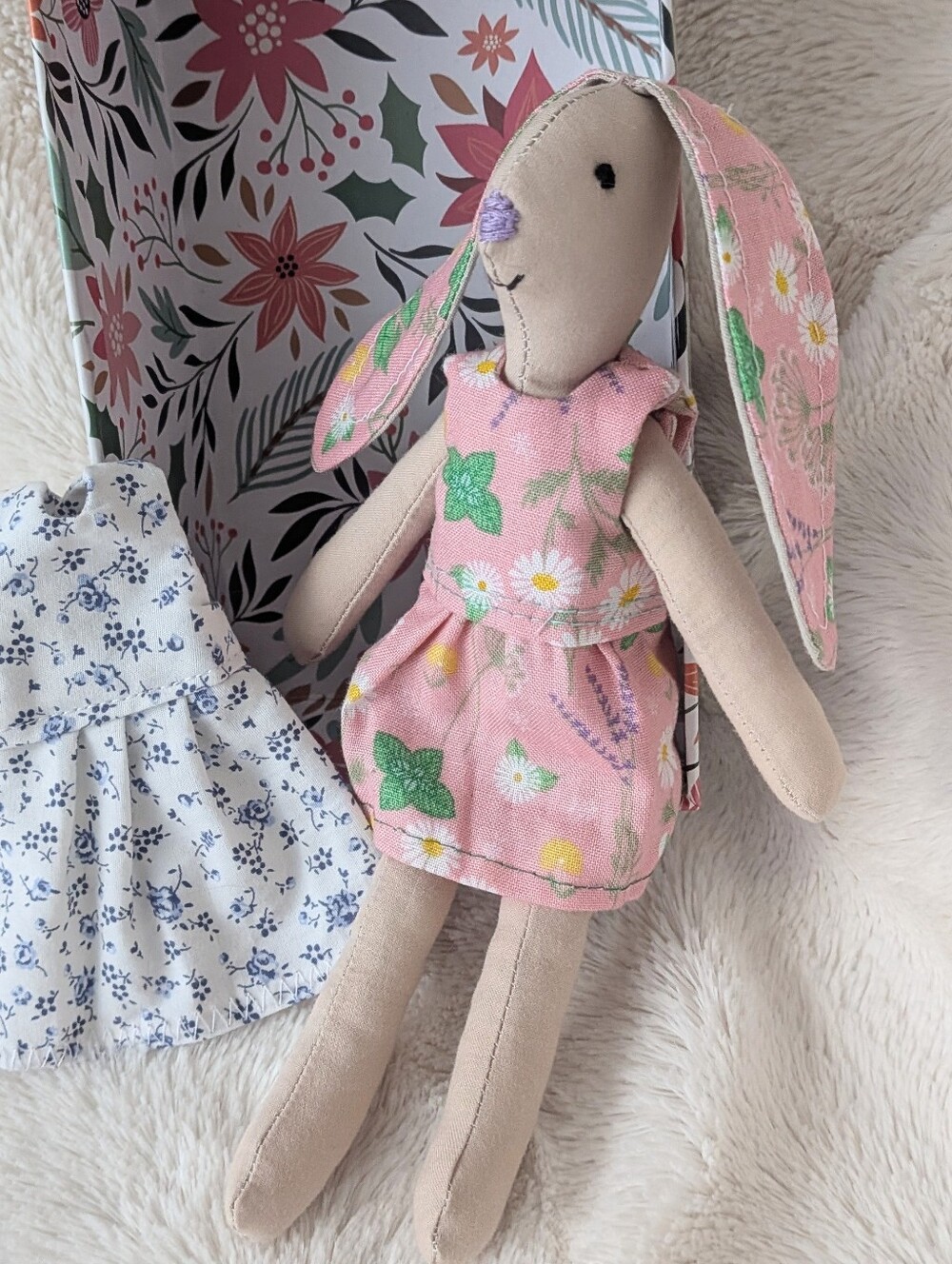 Hand-Sewn Little Rabbit Bunny with 2 Adorable Dresses Handmade Stuffed Animal